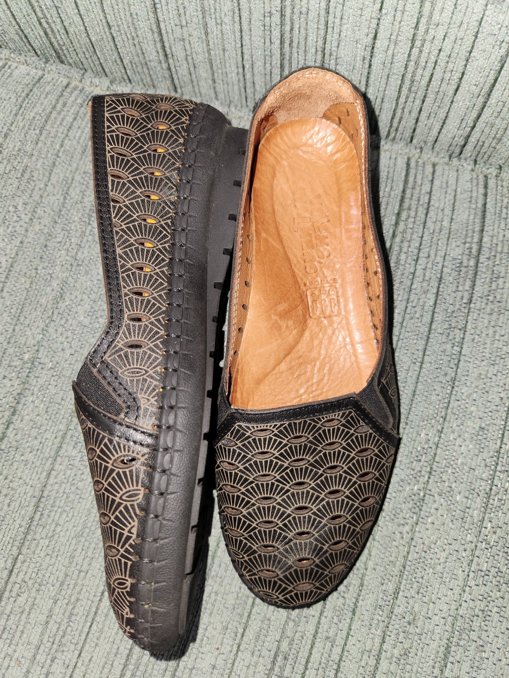 Black Patterned Slip-On Loafers with Gold Accents